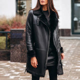 Thick Faux Fur PU Leather Jacket 2021 Winter Women Coat Female Vintage Long Loose Zipper Aviator Overcoat Warm Plush