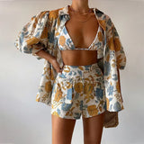 Toloer Spot Spring 2023 New Women's Fashion Printed Shirt Sling Vest Shorts Three-Piece Set-Outfit