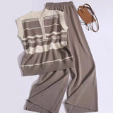 Suit Women's Korean Version Of Sleeveless Collars With Striped Knitted Shirt Tops Two Sets Of Leisure High-Rise Broad
