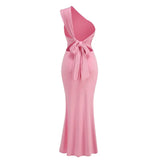 Pink One Shoulder Back Tie Up Maxi Dress-Outfit
