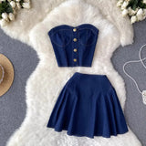 Toloer Cool Hot Girl Suit Skirt Female Summer Short Jeans Strapless Vest Top Two Set High Waist A-Line