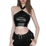Toloer Summer New Women's Fashion Sexy Hanging Neck Back Closed Waist Slim Crop Small Vest-Outfit