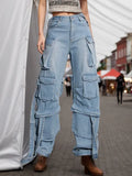Toloer 2024 New Street Hipster Multi-Pocket Decoration Ribbon Design Sense Jeans Women's Hollow Out Cargo Pants-Outfit