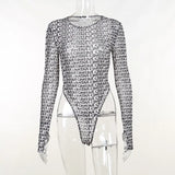 Printed Chaochao Brand Mesh Spicy Girls' Conjoined Clothes Are Sexually Transparent Long-Sleeved Tight Fashionable Women's Wear-Outfit