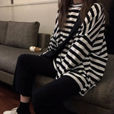 Toloer 2024 New Ins Tide Black And White Stripes Early Autumn Loose Long-Sleeved T-Shirt Schoolgirl
