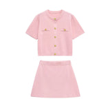 Homemade New Women's Classic Short Sleeve Knitted Blouse Flat-Pin Miniskirt