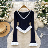 Striped Knitted Shirt Autumn Lotus Side Hem Horn Sleeves Slimmed Out Of The Bottom