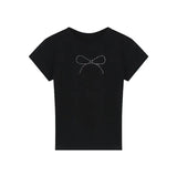 Toloer Summer Hot Girls Short Sleeve T-Shirt Women's Crop Black Bow Hot Diamond Slim Short Top