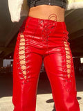 Cut-out Lace Up Pu Leather Pants-Outfit