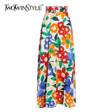 Floral Print Skirt High Waist Loose Patchwork Diamond Sashes Colorblock A Line Long Skirts Female 2021 Autumn
