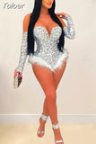 Sequin Feather Rompers Womens Bodysuits Sexy Off The Shoulder Long Sleeve Playsuit Night Out Party Club Bodycon