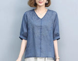 Clothing Cotton Hemp Women's 2023 New Short Sleeve T-shirt Summer V-Neck Graphic Fashion Elegant Loose Vintage Tops-Outfit