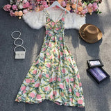 New Summer Fashion V-neck sleeveless off shoulder Dress high waist pleated waist print mid-length A-line
