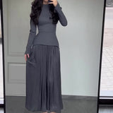 Autumn New Solid Fashion Splicing Design Round Collared 100-Folded Dress