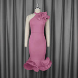 Half-High Collar Lotus Leaf-Side Dress Sided Shoulder Lotus Hem Banquet Evening Dress