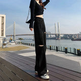 Toloer Hole High Waist Wide Leg Jeans For Girls Fall Students Straight Tube Loose Show Thin Design Sense Pants High Street Ins Tide-Outfit