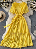 Women Elegant Solid Dress Retro Short Sleeve V Neck A-line Dresses Summer Korean Streetwear Midi Long Dress