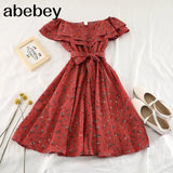 Print Floral Women Dress Spring Summer Bow Vestidos Chiffon Beach Style Student Sweet Mini