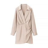 Wrinkled Dress 2025 Spring And Summer Shirt Style Long-Sleeved V-Neck High Waist Repair Short Mini
