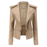 2021 Women Autumn zipper Soft Leather Jacket Coat Turn-down Collar Casual Pu Motorcycle Black Punk