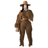 Toloer New Women's Wear Casual Solid Color Knit Long Sleeve Tassel Suit-Outfit