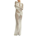 Women's Summer Long Knit See-through Beachwear Solid Color Flare Long Sleeve O Neck Hollow Backless Cover Up Dress-Outfit