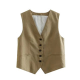 Toloer 2023 Summer V-Neck Solid Color Single Breasted Vest High Waist Wide-Leg Pants Shorts Set 9ZS2251-Outfit