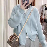 Version Of Solid Color Double Zipper Hooded Sweater Female Korean Early Autumn New Loose Style Soft Waxy Knitted Cardigan Jacket-Outfit
