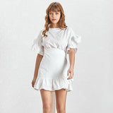 Casual Ruffles Women Dress O Neck Short Sleeve High Waist Lace Up Asymmetrical Mini Dresses Female Fashion