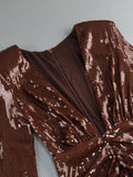 Brown Sequin Deep V-Neck Long Sleeve Evening Midi Dress-Outfit