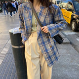 Women Vintage Plaid Blazer Long Sleeve Double-Breasted Jacket Lady Loose Casual Street Wear Suit Autumn