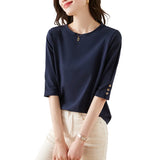 Toloer Design Five Sleeve T Shirt Summer 2023 New Fashion Button Design Five Sleeve T Shirt Women-Outfit