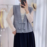 New French Vintage V Neckline Knitted Vest Cardigan With Chinese Style And Fashion Sleeveless Sweater-Outfit