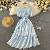 Pink/White/Green French Hollow Ruffles Dress Women O Neck Lace up Solid A-line Dresses Summer Elegant Streetwear Midi