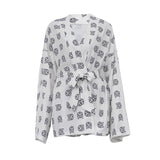 Toloer New Loose Print Women's Casual Tie Long Sleeve Pajamas High Waist Shorts Set Home Clothes-Outfit