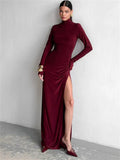 Turtleneck Long Sleeve Draped Slit Maxi Dress-Outfit