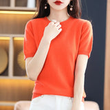 Toloer Spring Knit Sweater Women's T-Shirt Sweater Women's Short Sleeve V Collar Women Bottom Sweater Woolen Sweater Batch Hair-Outfit
