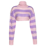 2021 Women Turtleneck Sweater Pink And Purple Striped Hole Cropped Pullover Sweaters Fashion Batwing Sleeve Knitwear