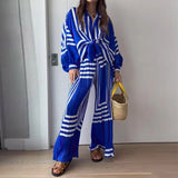 Toloer Spot Autumn New Women's Fashion Print Striped Shirt Pleated Straight Wide Leg Pants Suit-Outfit