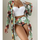 Toloer New Sexy Bikini Mesh Three-Piece Set Gathered Print Split Swimsuit
