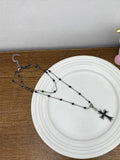 Double Layered Beads Cross Necklace-Outfit