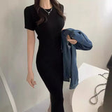 Toloer Chic Summer French Elegant Temperament Slim Thin Long Short Sleeve Wrapped Hip Knit Dress Woman-Outfit
