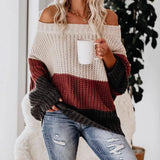 Toloer And Winter Women's One Word Collar Loose Splicing Color Knit Jumper Sweater