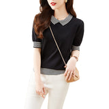 Toloer Photo Doll Collar Jacket Female Summer Ice Silk Short-Sleeve T-Shirt False Two Striped Knit Half Sleeve Small Shirt-Outfit