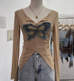 Shooting Pure Sexful V-Neck Umbilly T-Shirt Female Hairy Denim Butterfly Embroidered Mesh Yarn Long Sleeve Top