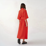 Elegant Lace Up Robe Dress Summer Wrap Long Dresses Women Casual Loose Half Sleeve Cotton Linen Office Blazers