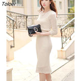 Spring Autumn Elegant Women Hollow Bodycon Dress Knit Simple Package Hip Slim Bottoming Female Dress Sweater