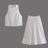 Summer Style Hollowed-Out Embroidered Sleeveless Blouse Loose Waist Embroidered Flute Skirt Suit-Outfit