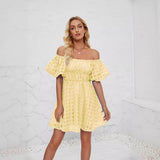 Women's Out-Shoulder Foam Short-Sleeved Folds High-Waisted Summer Mini Dress With