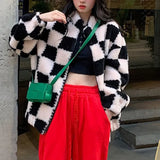 Women Faux Fur Teddy Basic Jackets Plaid Checkerboard Outerwear Coats Female Overcoat Winter Coat Womens Fashion